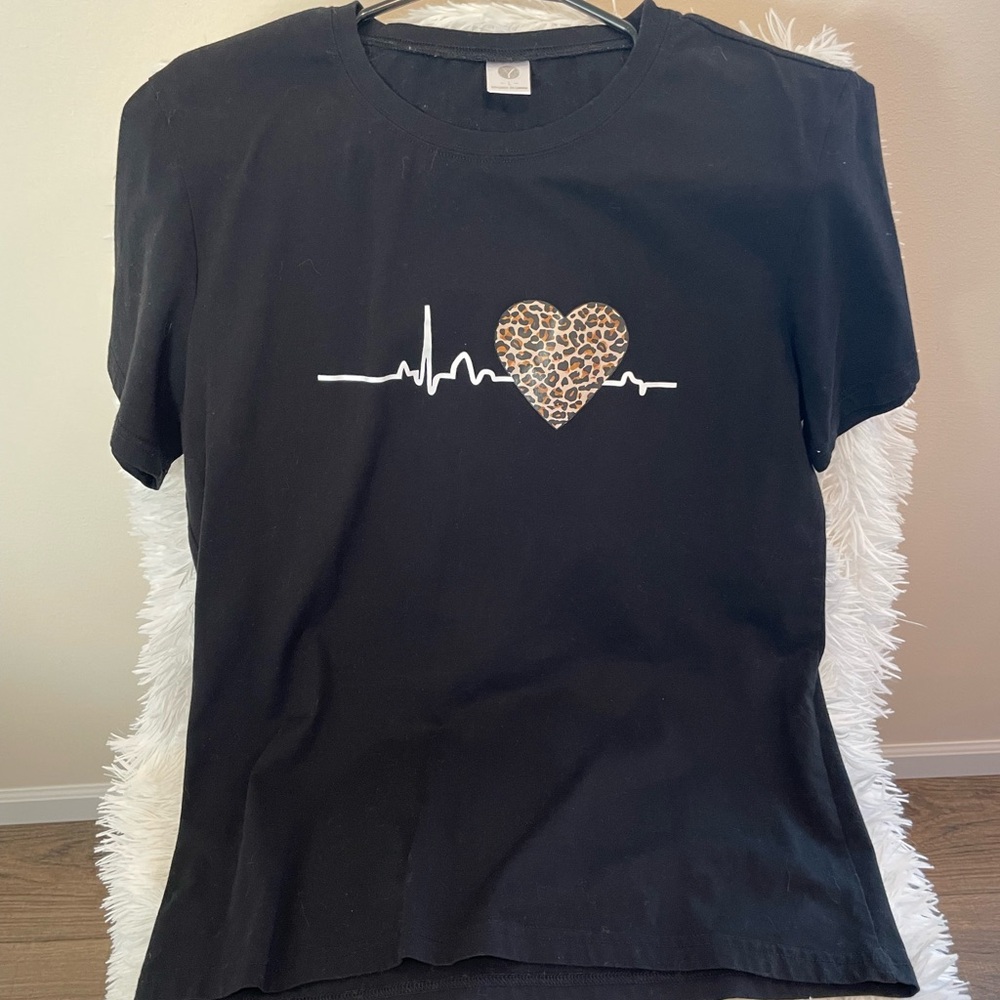 Black T-Shirt with Leopard Heart Design
